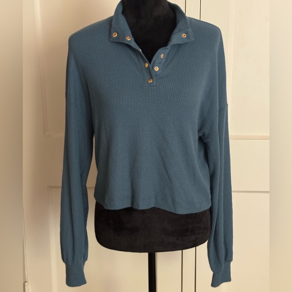 Nation Ltd Long Sleeved Top Blue Ribbed Popper Front Size Small Collarless